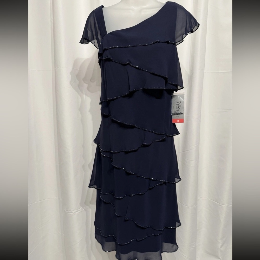 Patra Layered Ruffle Asymmetrical Cocktail Formal Dress Black NWT Women's Sz 8